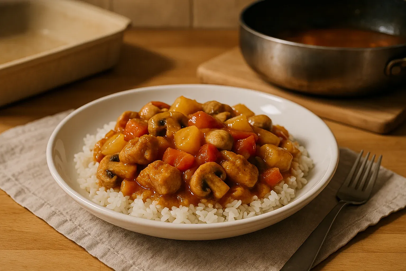 Sweet and sour chicken served over white rice, featuring bell peppers, mushrooms, and pineapple in a rich sauce, with cookware in the background.