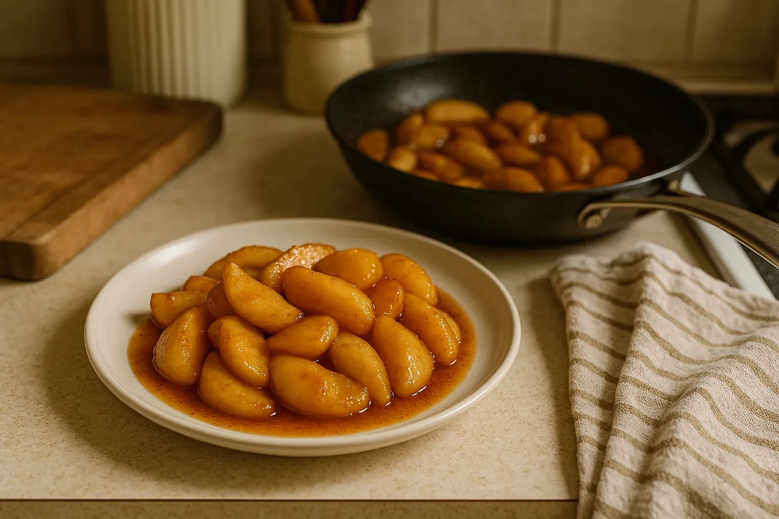 Caramelized poached pears in syrup served on a white plate, with more pears simmering in a pan in the background.