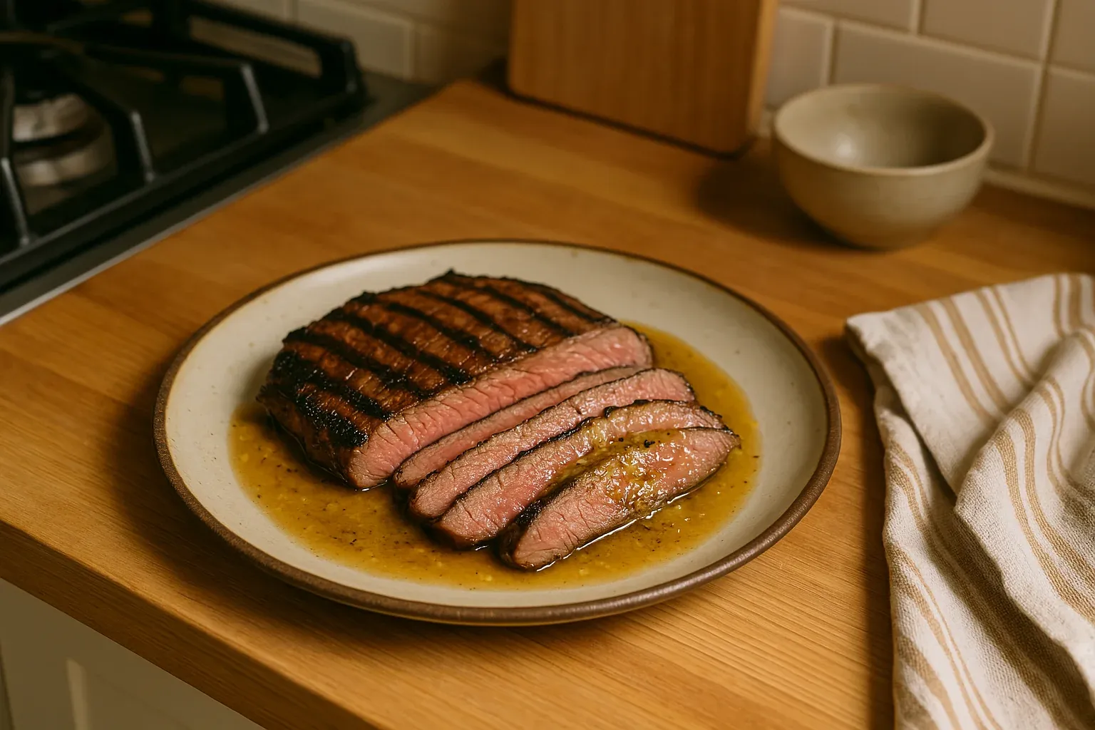 Grilled steak slices on a plate with juices, kitchen counter in the background.