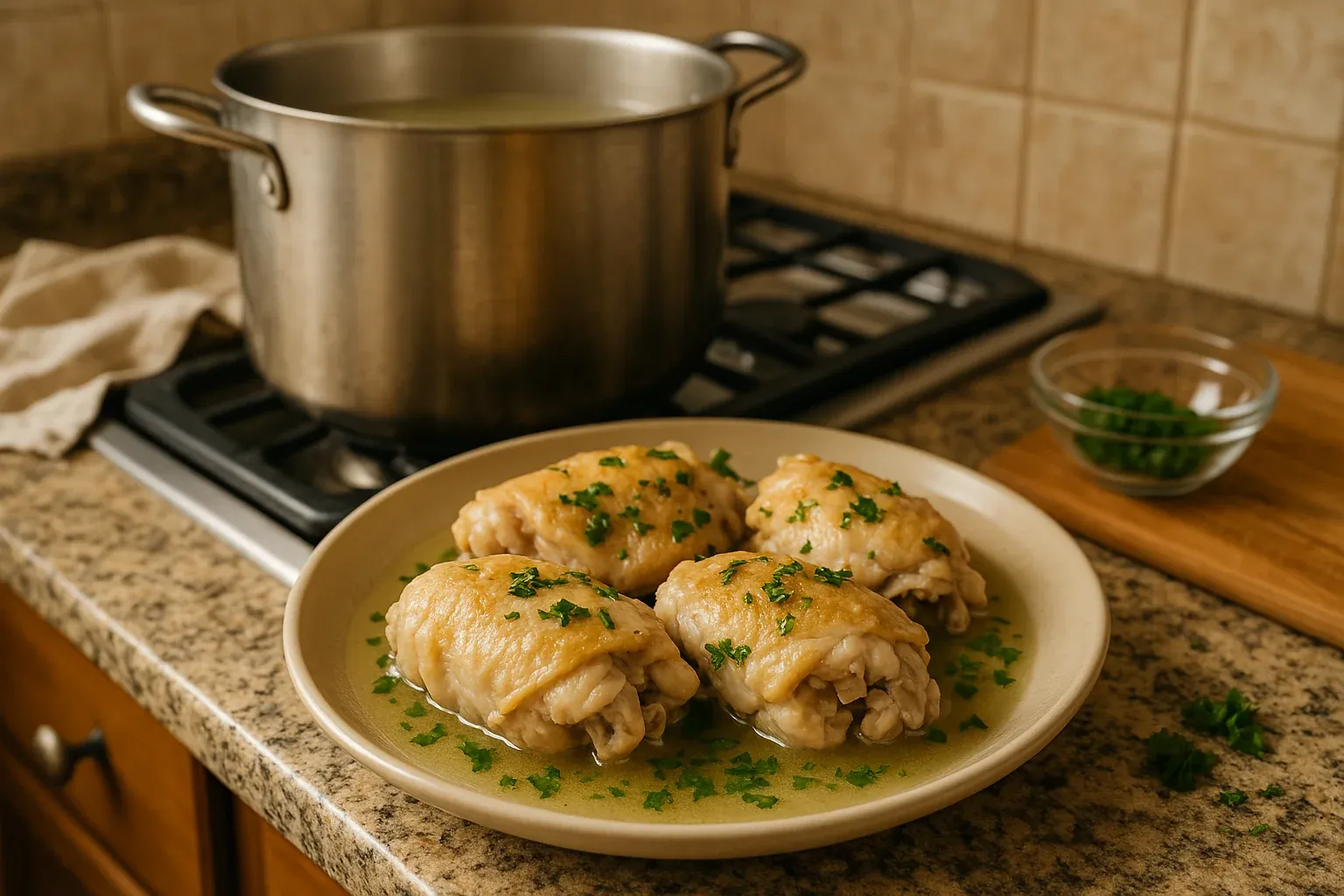 Four cooked chicken thighs garnished with chopped parsley on a plate, with a pot on the stove in the background.