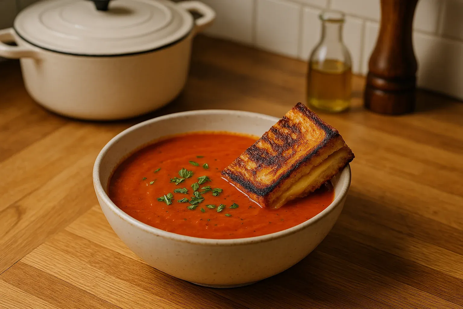 Creamy tomato soup garnished with herbs, served with a grilled cheese sandwich slice on a wooden countertop with a pot and oil bottle nearby.