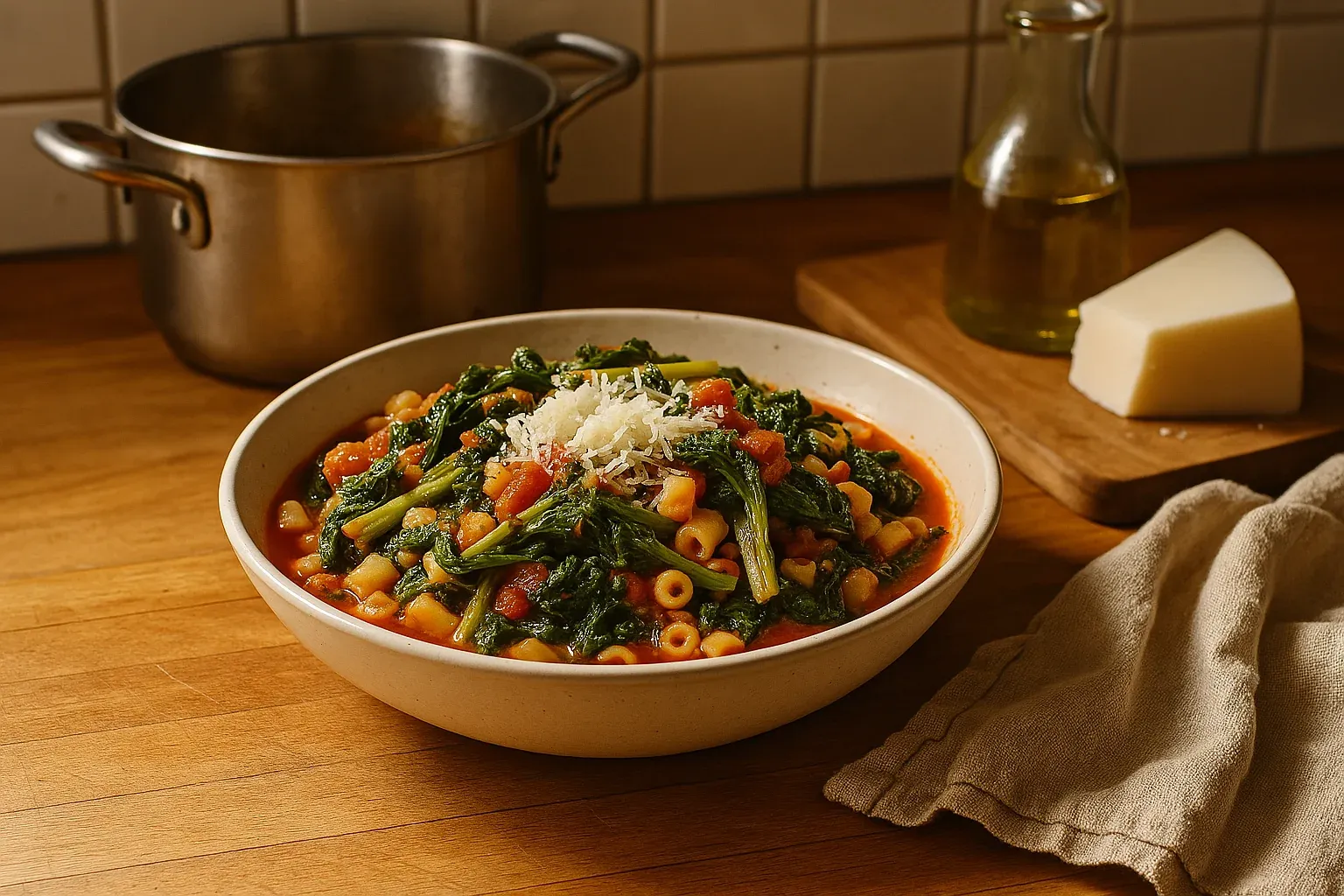 A hearty bowl of pasta with broccoli rabe in tomato sauce, topped with grated cheese, sits on a wooden kitchen counter.