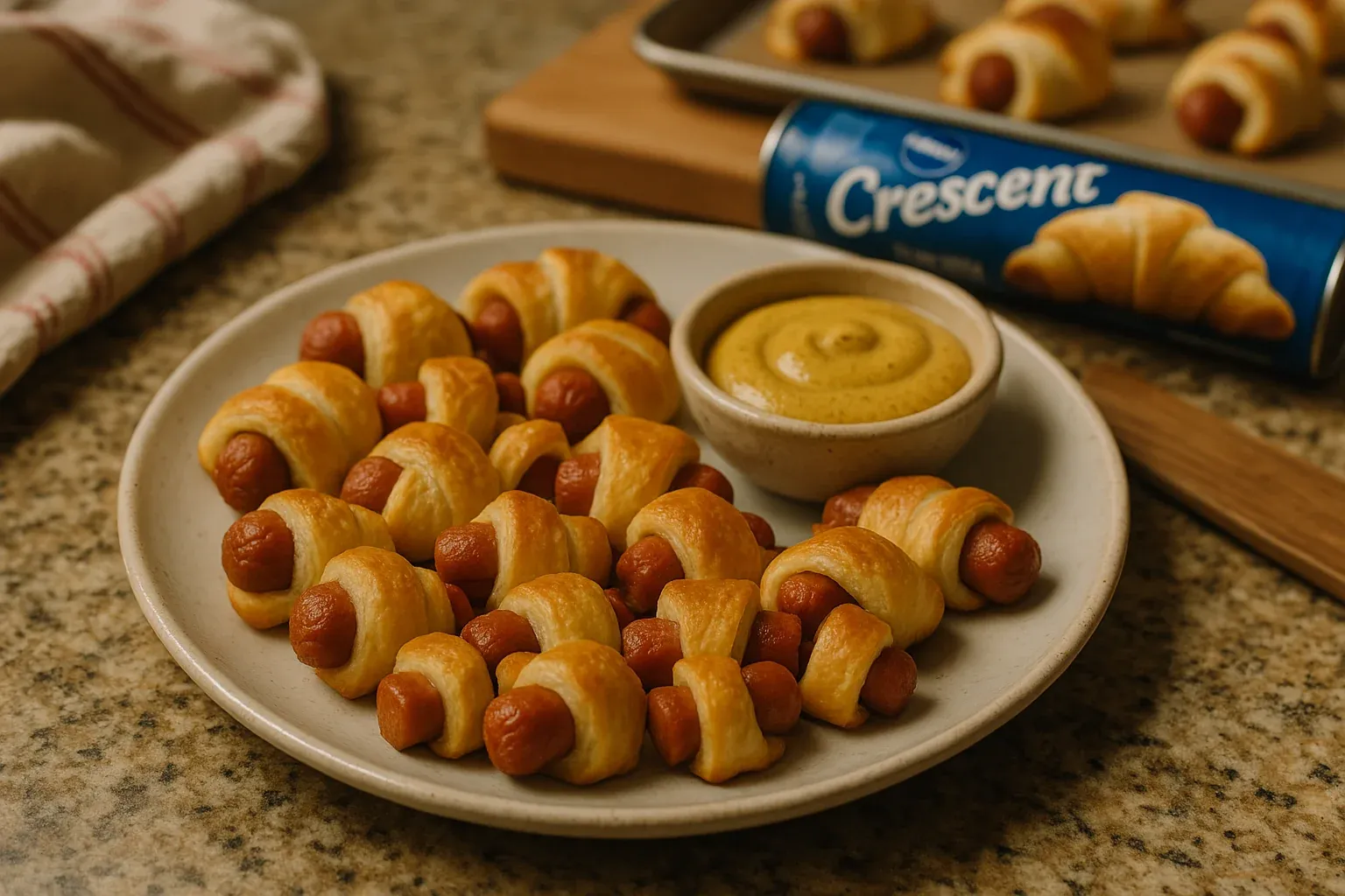 Plate of pigs in a blanket with mustard dip, made using Pillsbury Crescent rolls, on a kitchen counter.