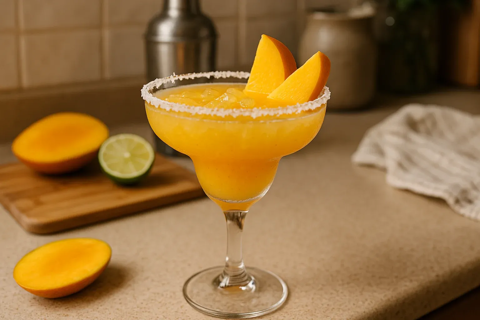 Frozen mango margarita garnished with mango slices and a salted rim, with fresh mango and lime in the background.