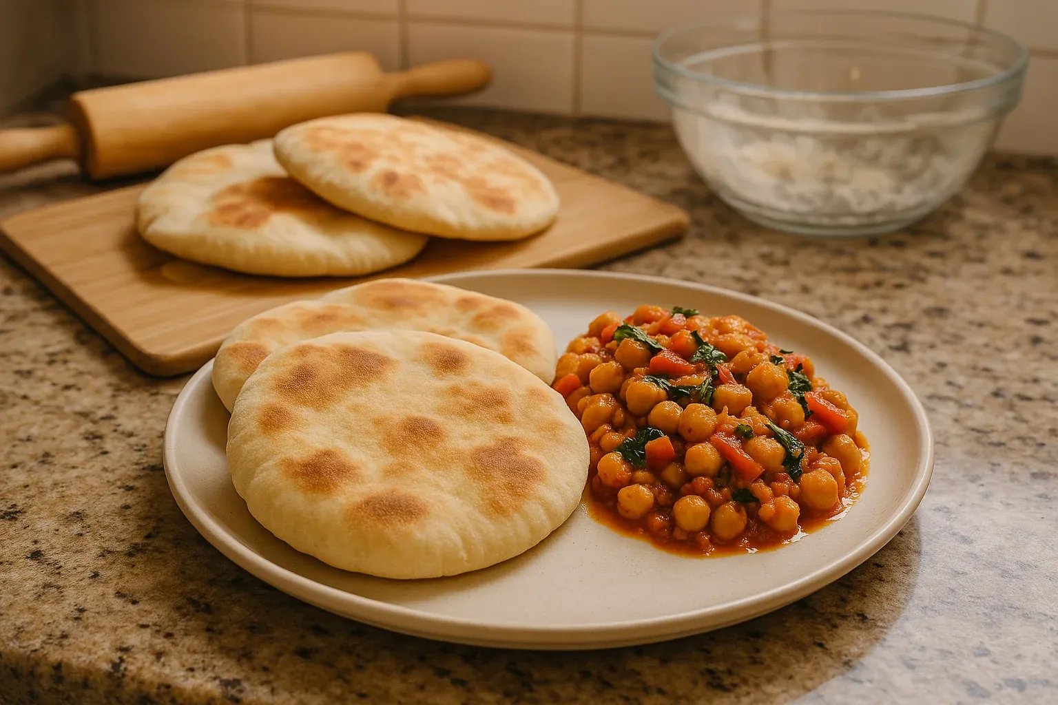 Freshly baked pita bread served with a chickpea and vegetable stew on a kitchen counter.