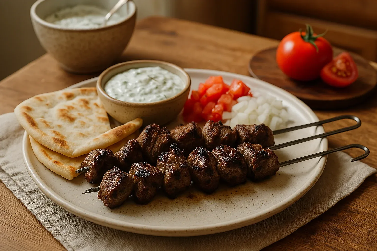 Grilled beef skewers served with pita bread, diced tomatoes, onions, and tzatziki sauce on a beige plate, with a tomato on a wooden board.