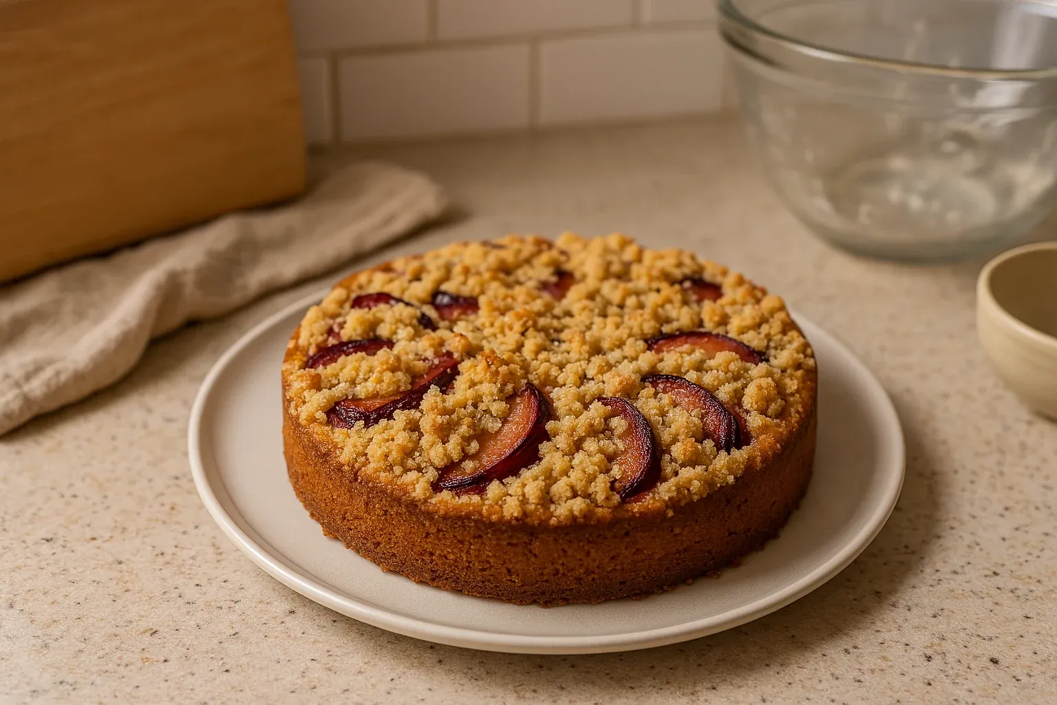 Golden brown plum crumb cake on a white plate, set on a kitchen countertop.