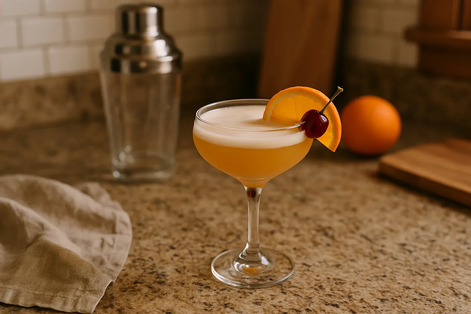 Classic whiskey sour garnished with orange slice and cherry in a coupe glass, shaker in the background on a kitchen countertop.