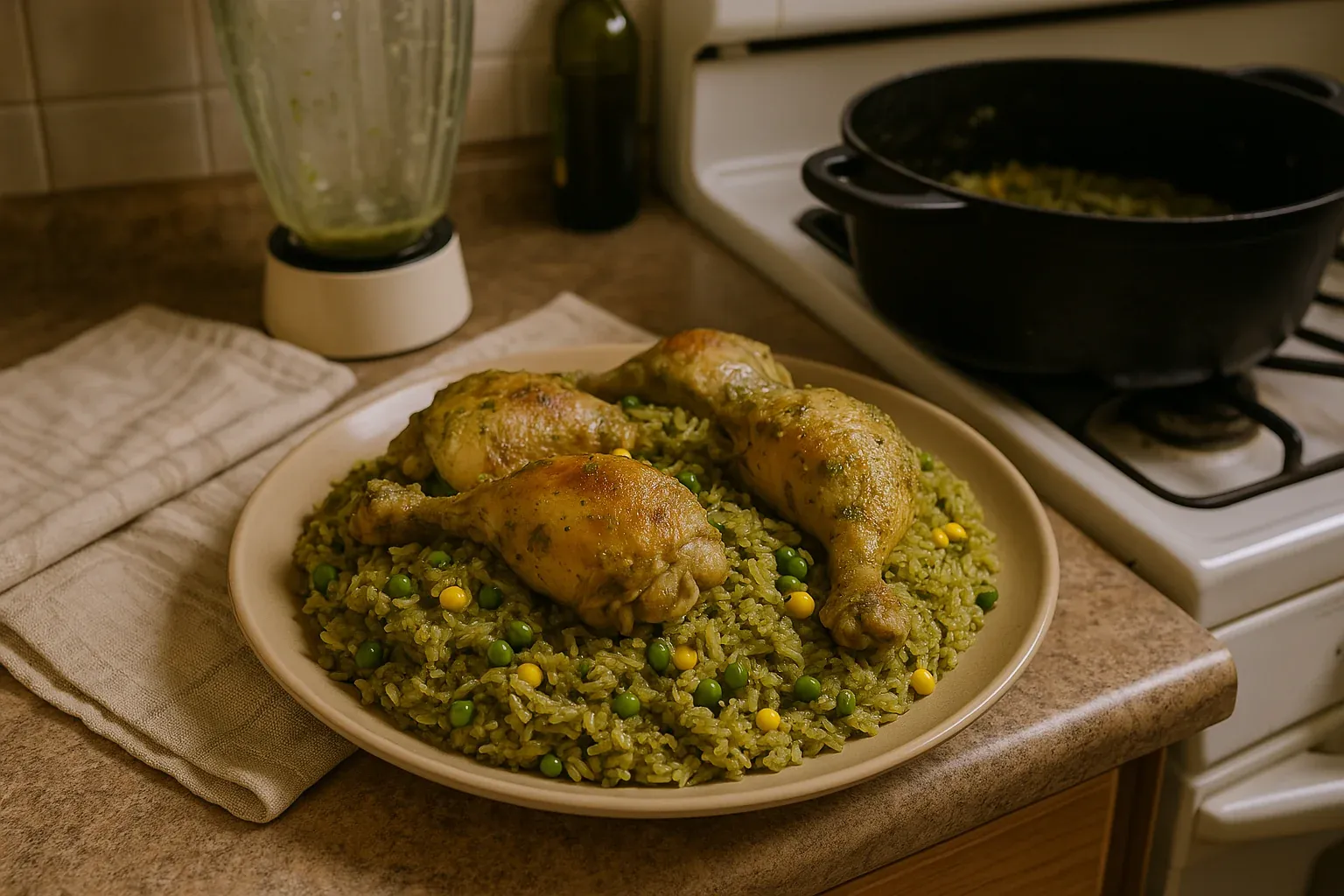 Chicken drumsticks served over green rice with peas and corn on a beige plate, next to a blender and a pot on a stove.