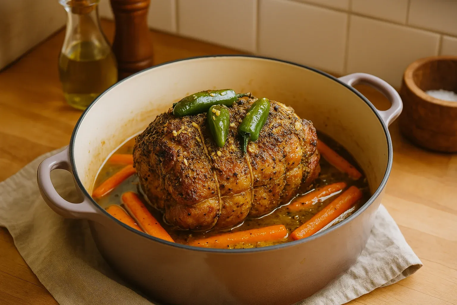 Roasted pork loin with carrots and green peppers in a Dutch oven, seasoned with herbs and spices, perfect for a hearty dinner recipe.