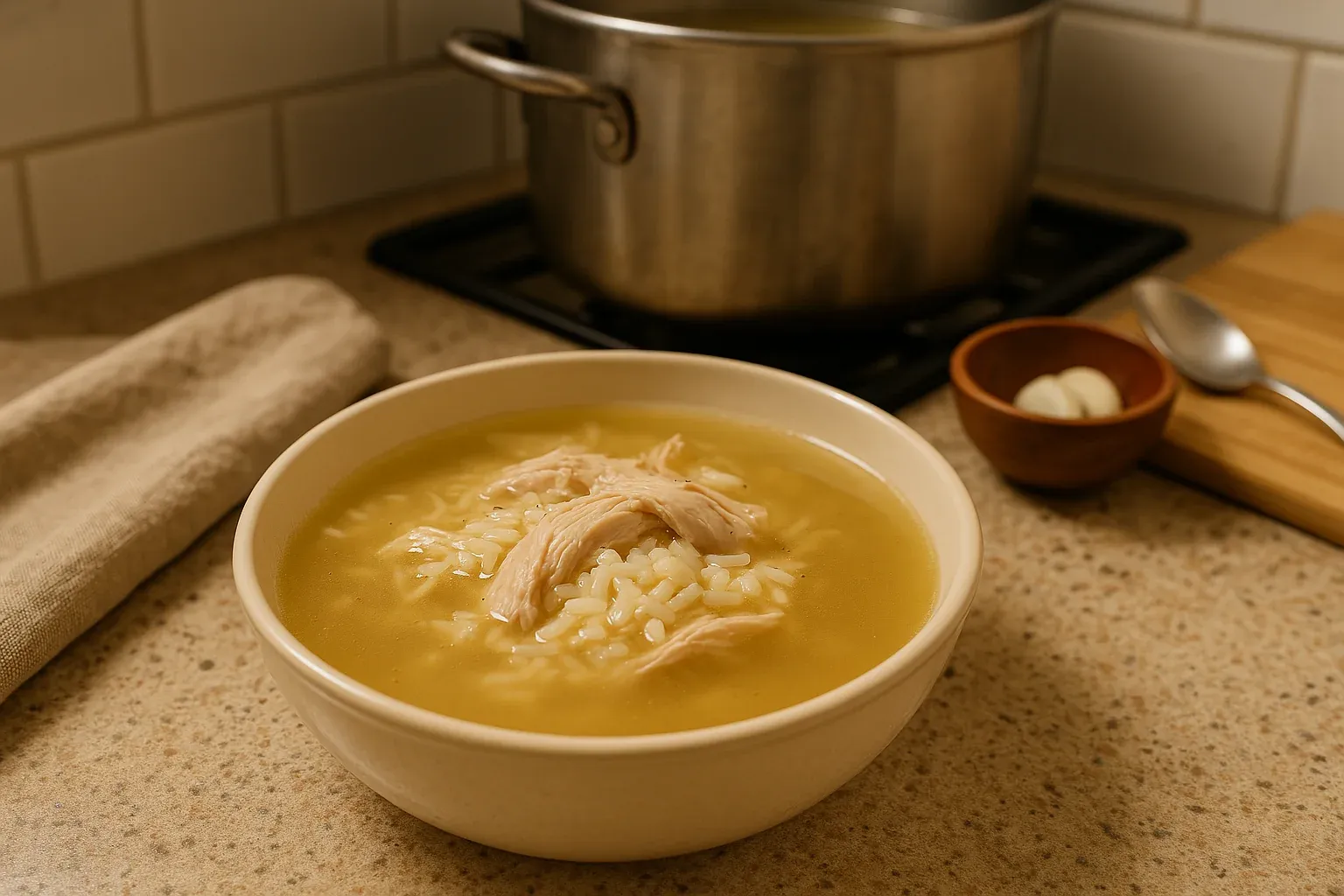 Warm bowl of chicken and rice soup on a kitchen counter with a pot and garlic cloves in the background.