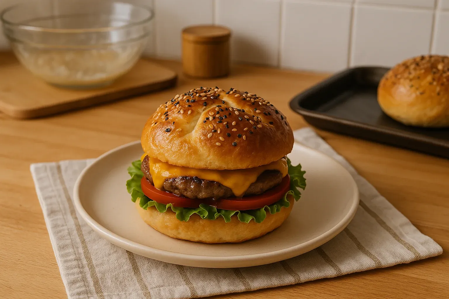 Homemade cheeseburger with lettuce, tomato, and sesame seed bun on a white plate, displayed on a kitchen counter.