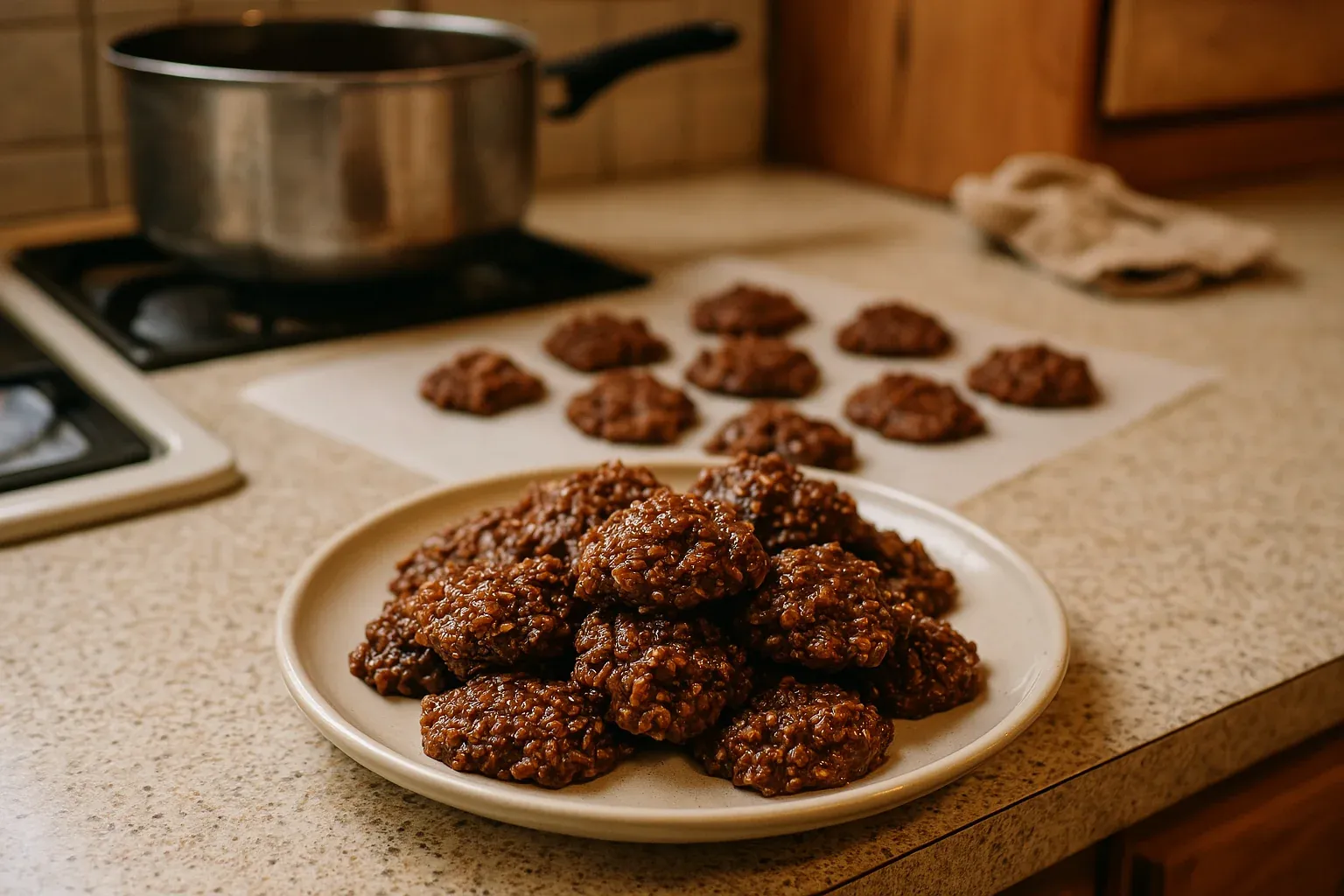 Chocolate oatmeal cookies cooling on parchment paper in a kitchen, with a plate of cookies in the foreground.