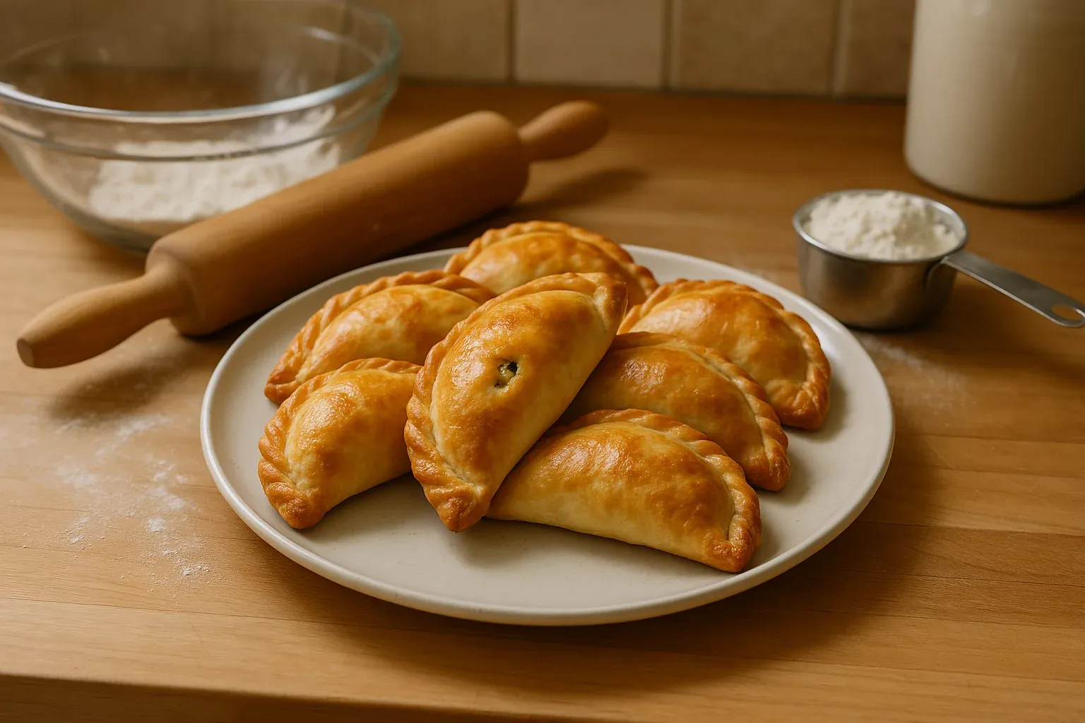 Golden-brown empanadas on a plate, with baking ingredients and utensils in the background.
