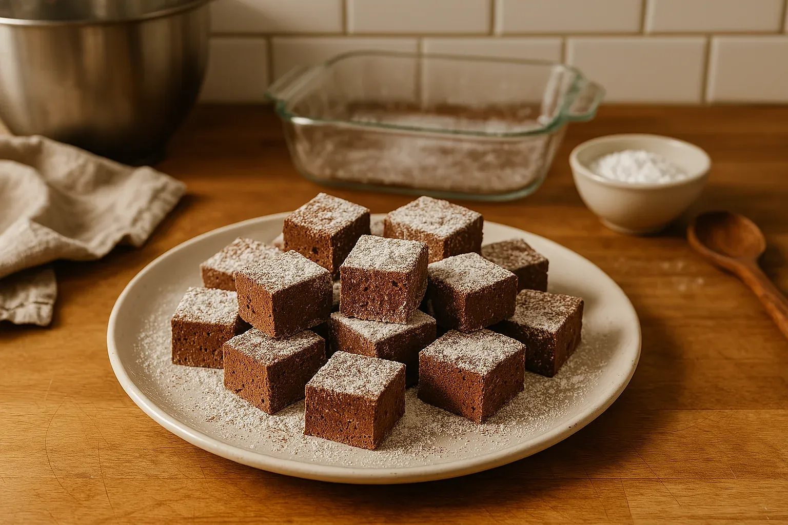 Plate of chocolate brownies dusted with powdered sugar, with baking dish and ingredients in the background.
