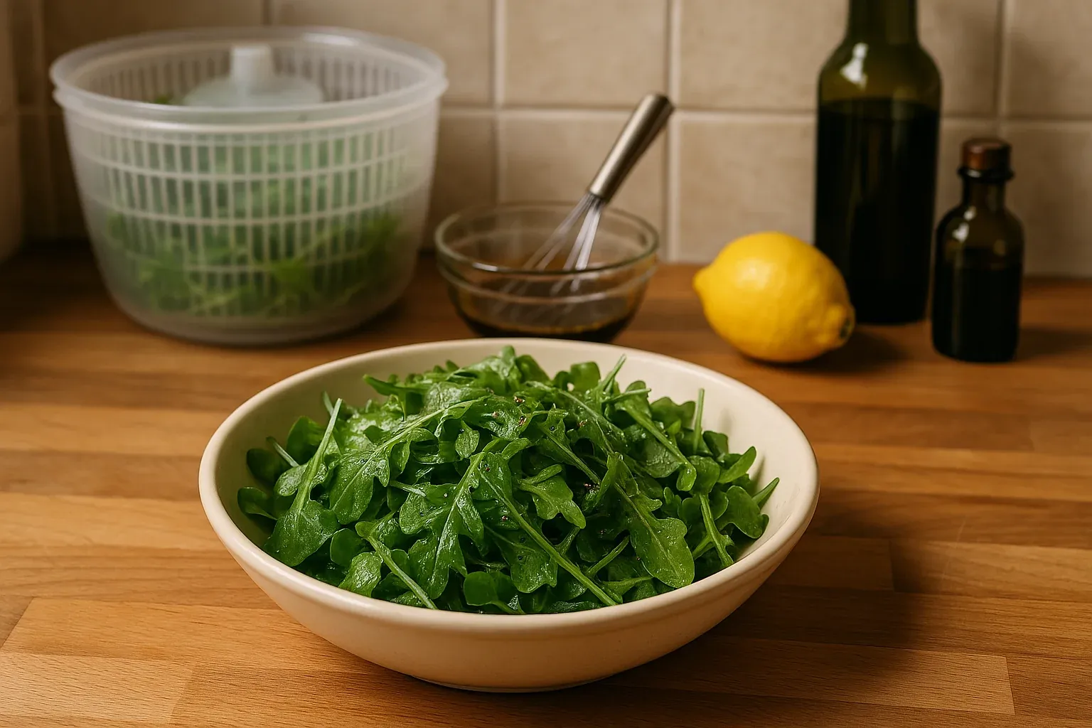 Fresh arugula salad in a bowl with a whisk and dressing bowl, lemon, olive oil, and a salad spinner in the background on a wooden countertop.