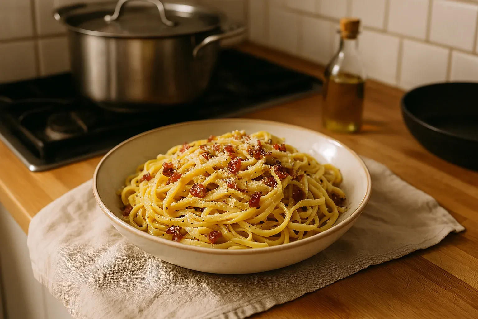 Creamy spaghetti carbonara topped with crispy pancetta bits and grated cheese on a kitchen counter.