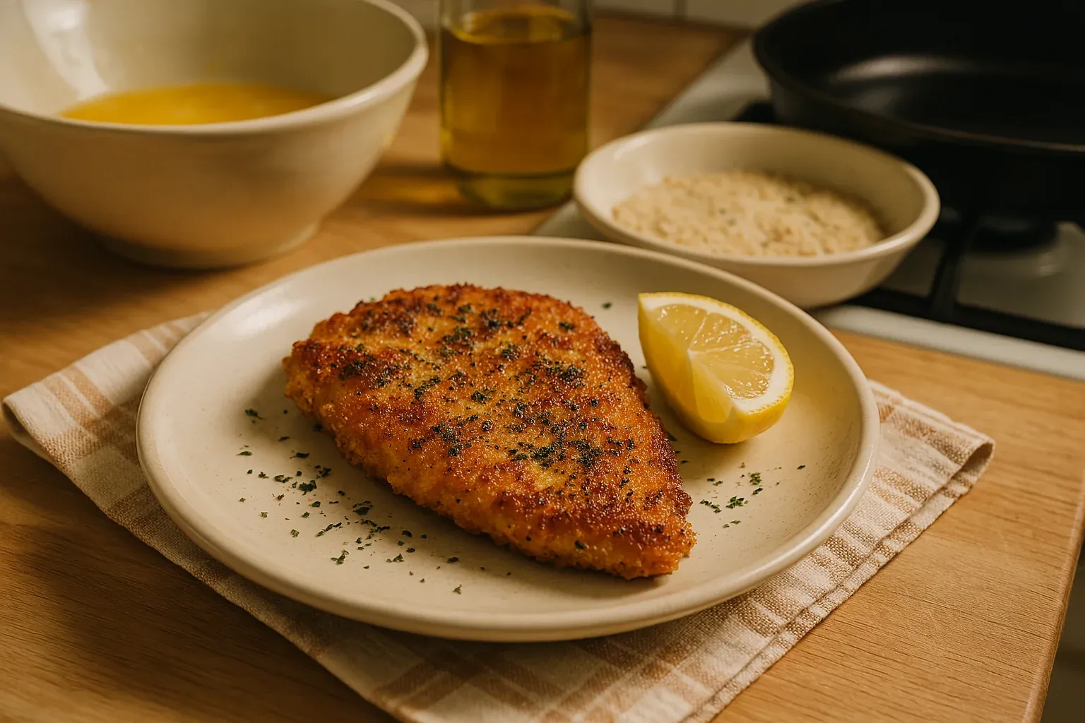 Breaded chicken cutlet garnished with herbs and served with a lemon wedge on a plate, with bowls of egg wash and breadcrumbs in the background.