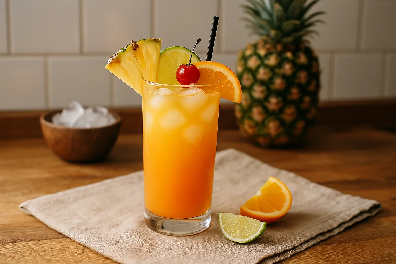 Tropical cocktail garnished with pineapple, lime, orange slice, and cherry, set on a wooden table with a whole pineapple and ice bowl in the background.