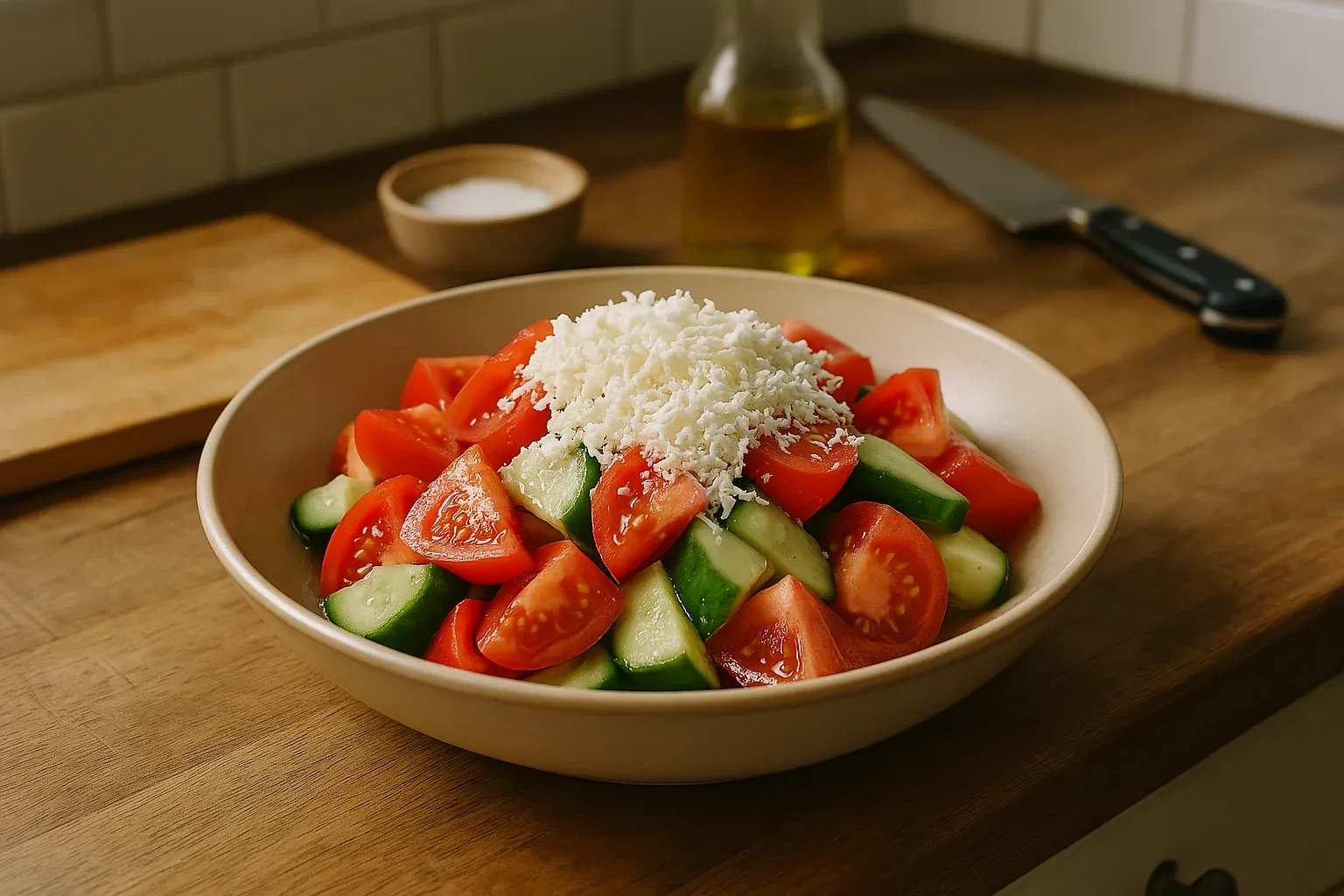 Fresh tomato and cucumber salad topped with shredded cheese, with olive oil and salt in the background on a wooden kitchen counter.