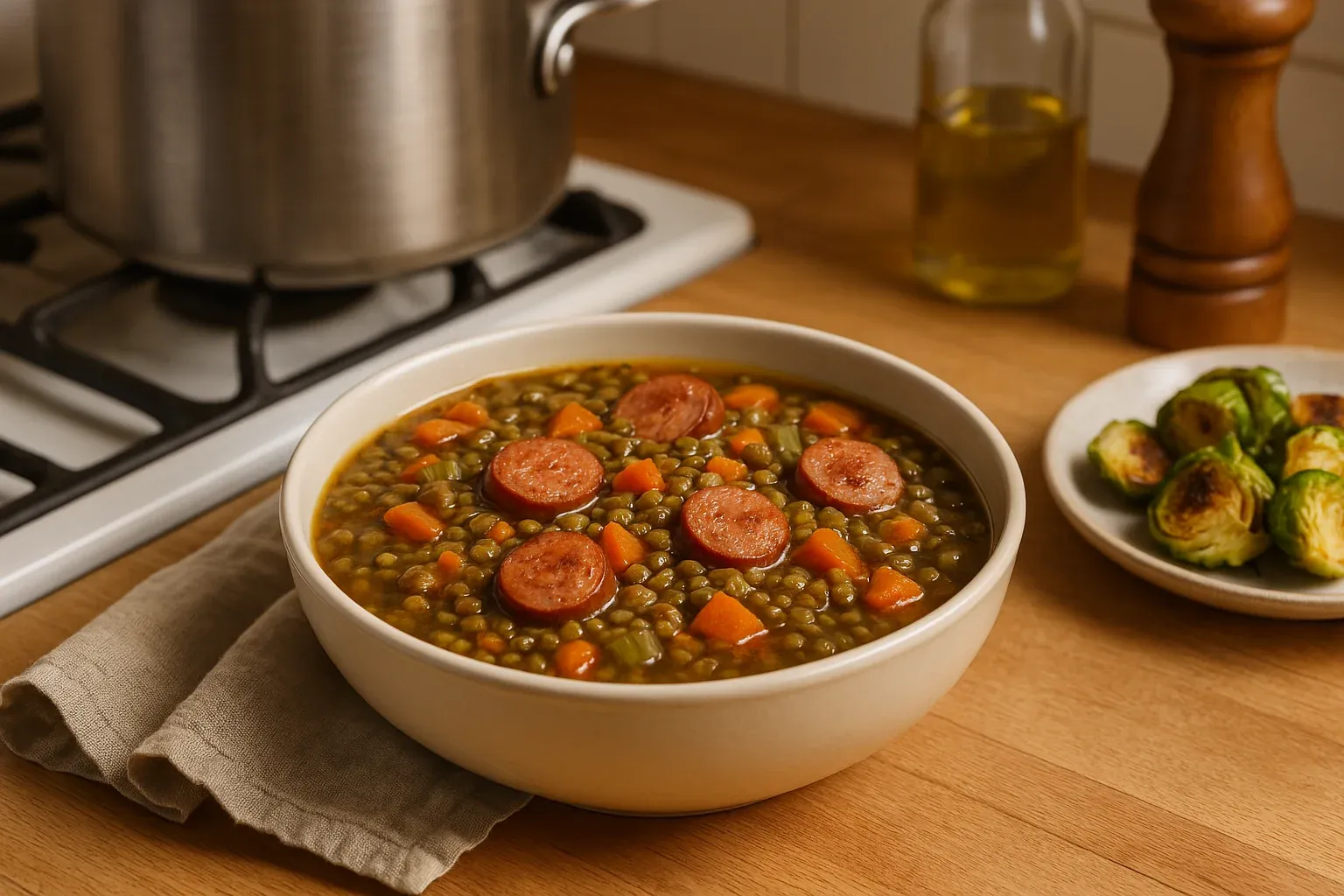 Hearty lentil soup with slices of sausage, carrots, and celery, served in a white bowl, with a side of roasted Brussels sprouts.