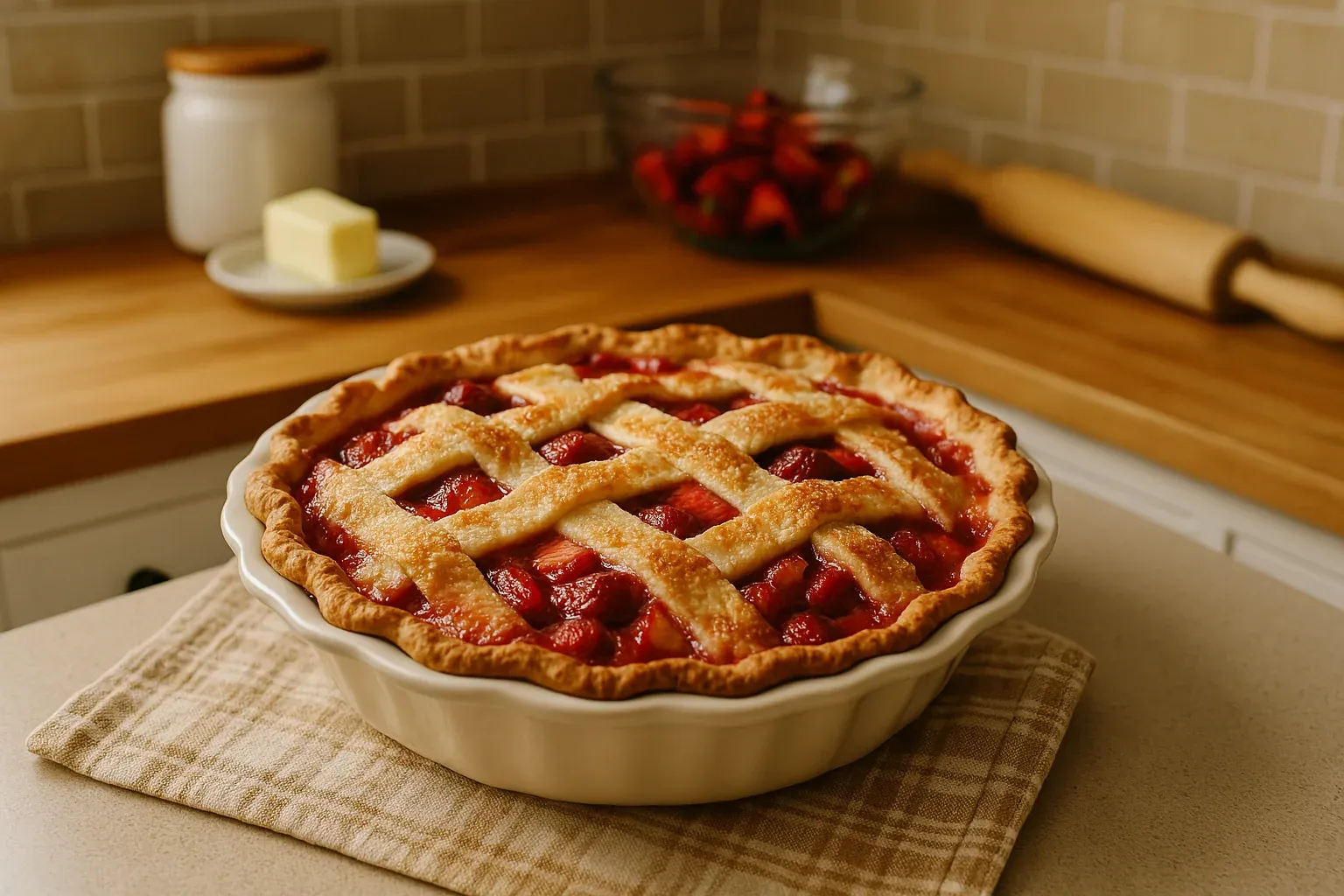 Golden-brown lattice-topped strawberry pie cooling on a kitchen counter, with fresh strawberries and butter in the background.