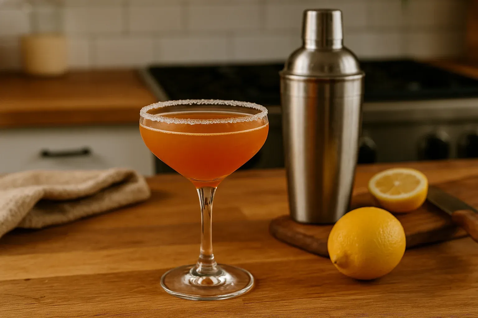 Elegant cocktail with sugar-rimmed glass, shaker, and fresh lemons on wooden counter, ideal for a refreshing drink recipe.