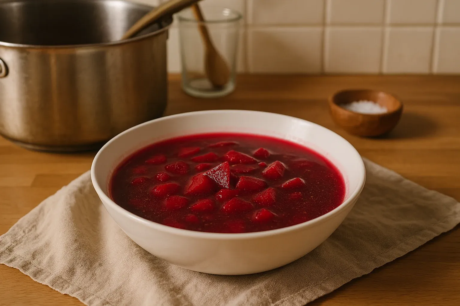 Bowl of vibrant red beet soup with chunks of beets, placed on a beige cloth near a pot and wooden spoon on a kitchen counter.