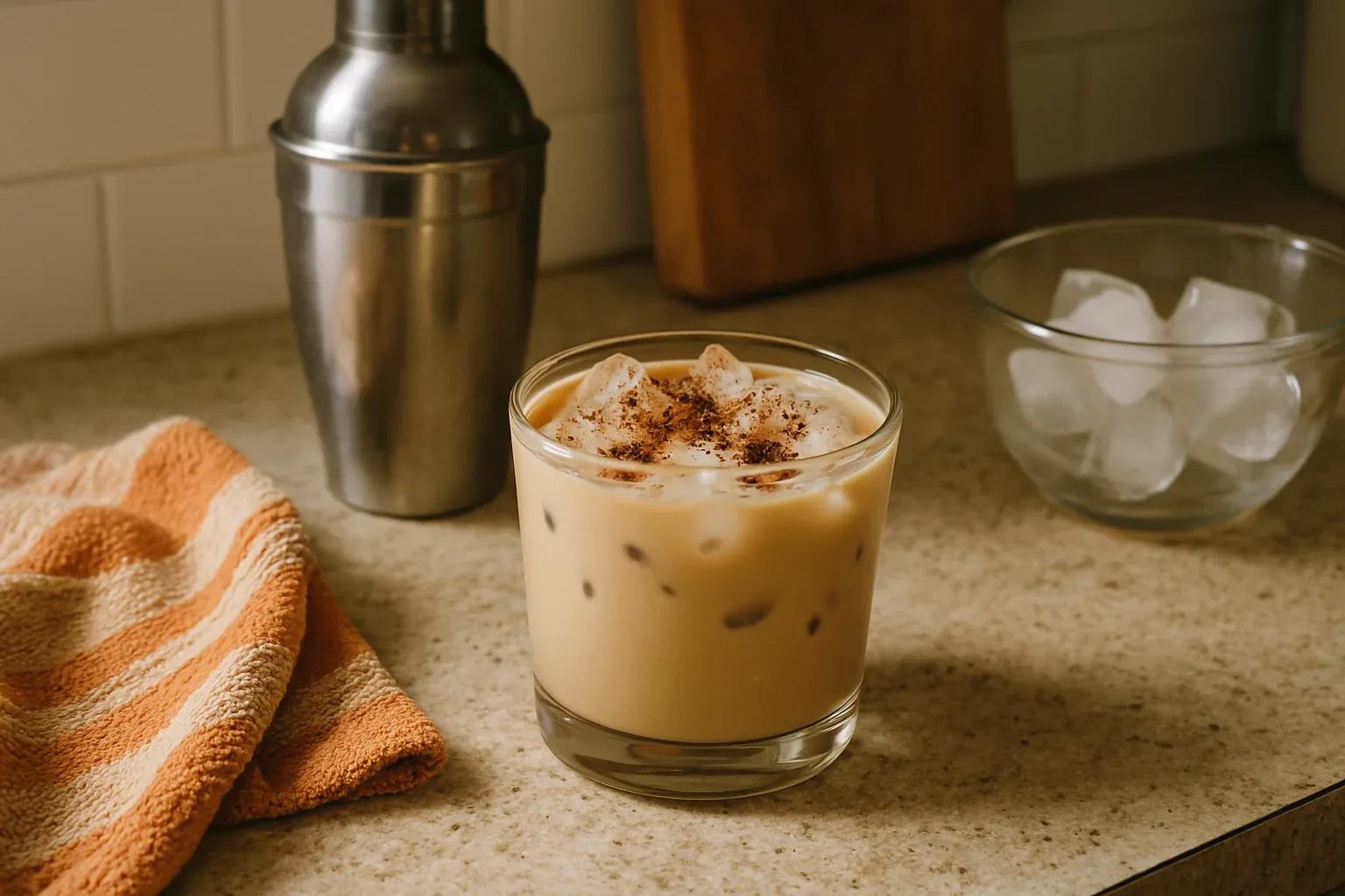 Iced coffee with cinnamon garnish on a kitchen counter next to a cocktail shaker, ice cubes, and a striped towel.