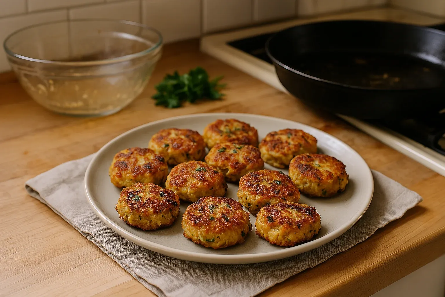 Golden-brown chicken patties on a plate with a skillet in the background, perfect for a homemade meal.