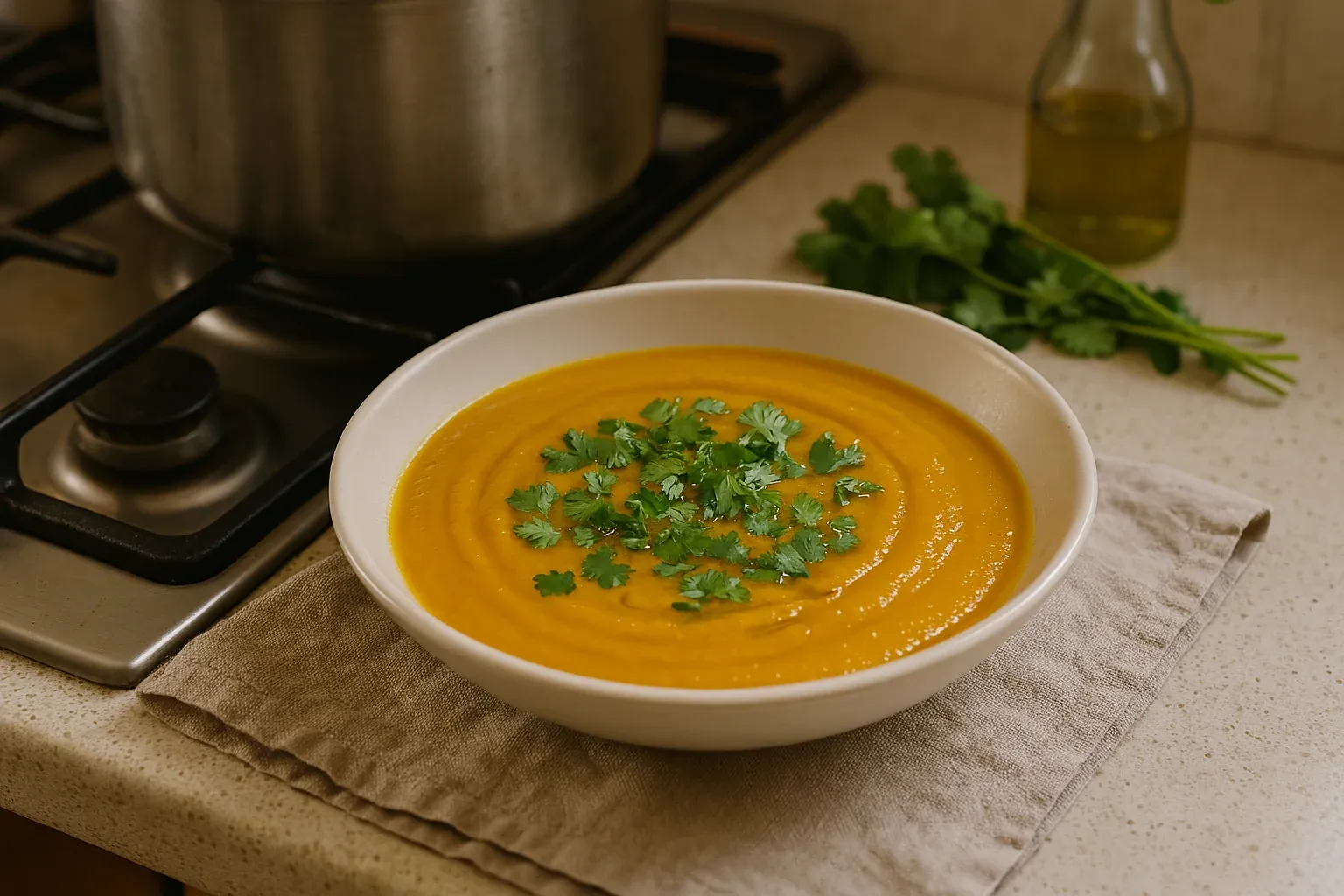 Creamy carrot soup garnished with fresh cilantro leaves, served in a white bowl on a kitchen counter.