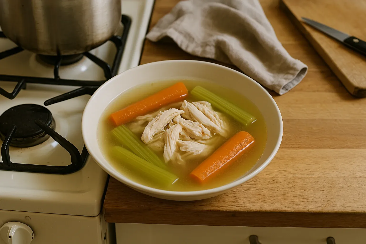 Homemade chicken soup with shredded chicken, whole carrots, and celery in a white bowl on a kitchen counter near a stove.
