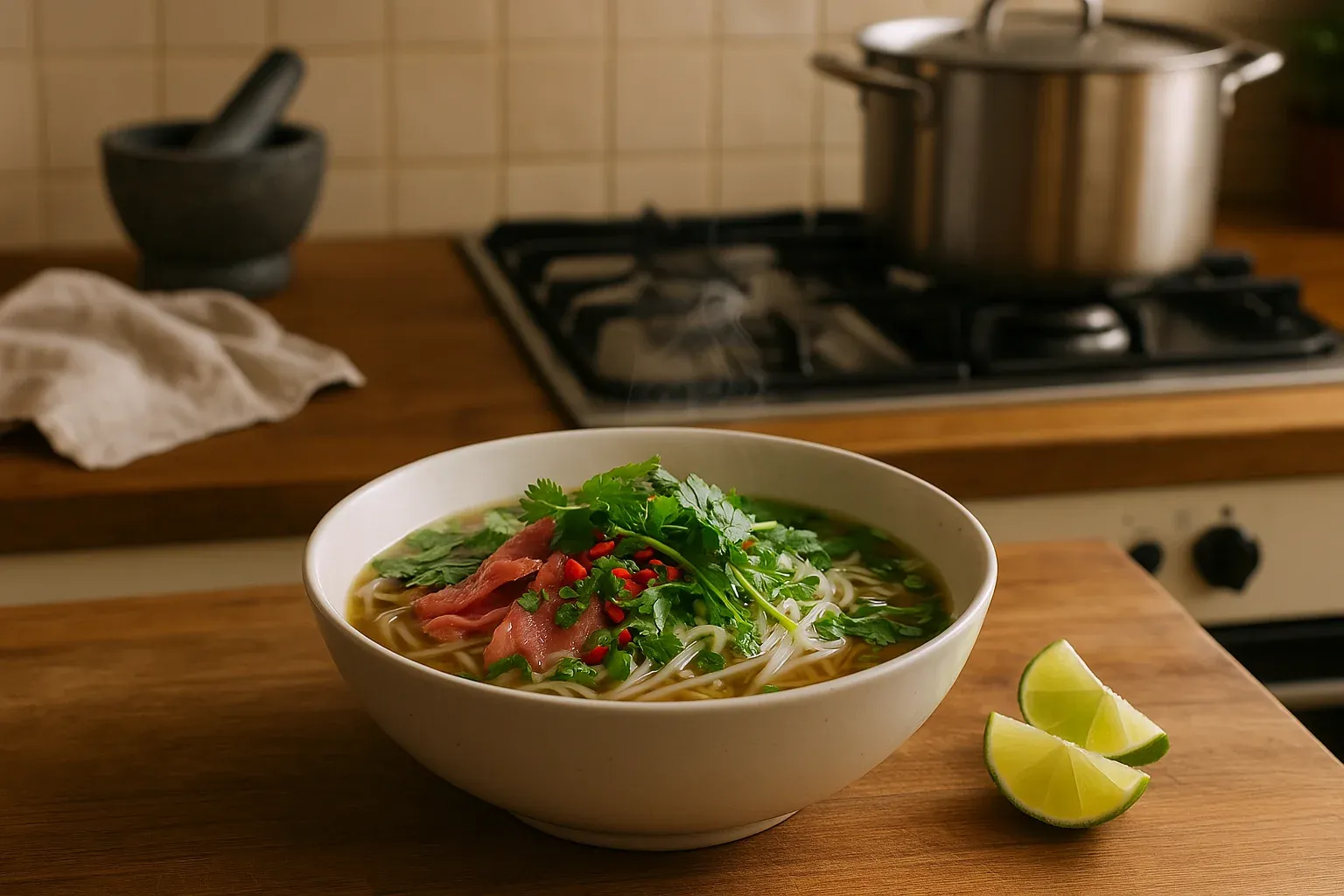 Steaming bowl of Vietnamese pho with fresh herbs, sliced beef, red chili, and lime wedges on a kitchen counter.
