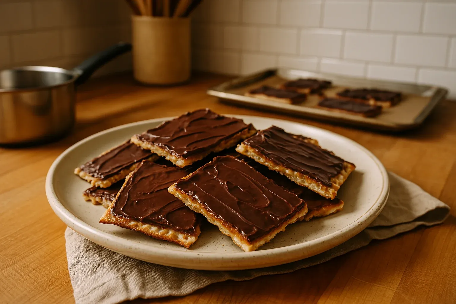 Chocolate-covered cracker toffee bars on a plate in a warm kitchen setting.