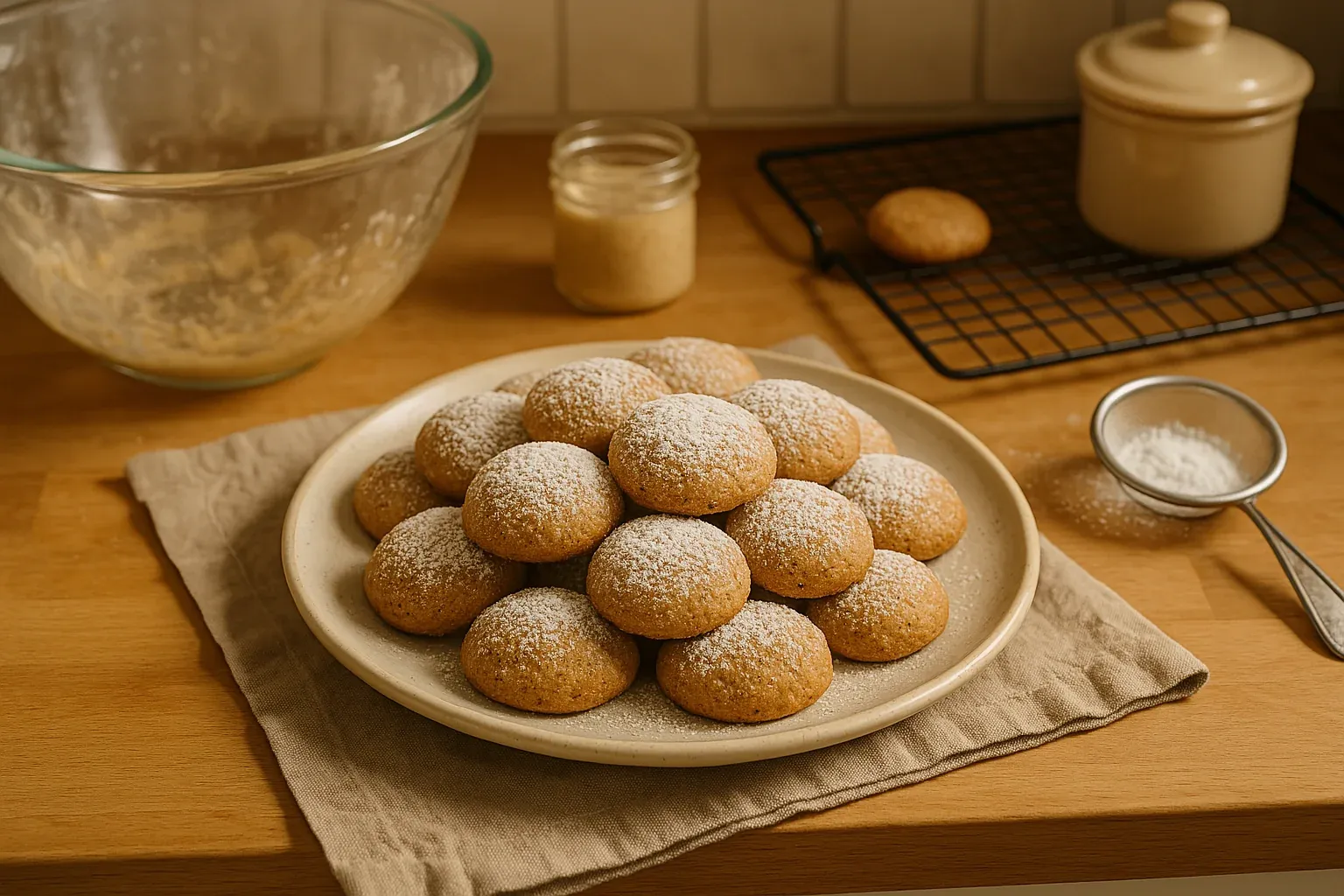 Plate of freshly baked cookies dusted with powdered sugar, displayed on a kitchen counter with baking tools in the background.
