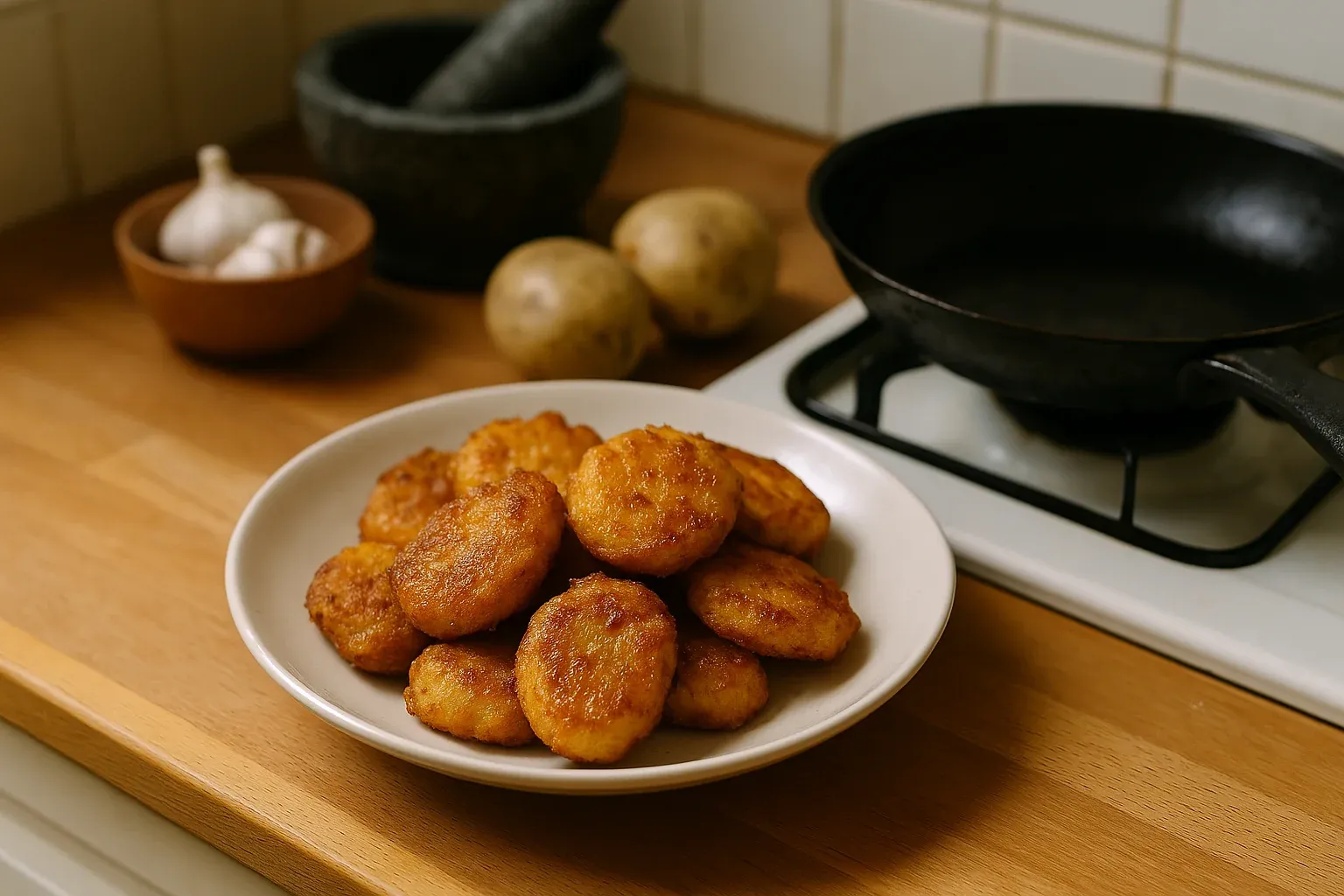 Golden brown potato croquettes on a white plate, with garlic and potatoes in the background on a kitchen countertop.