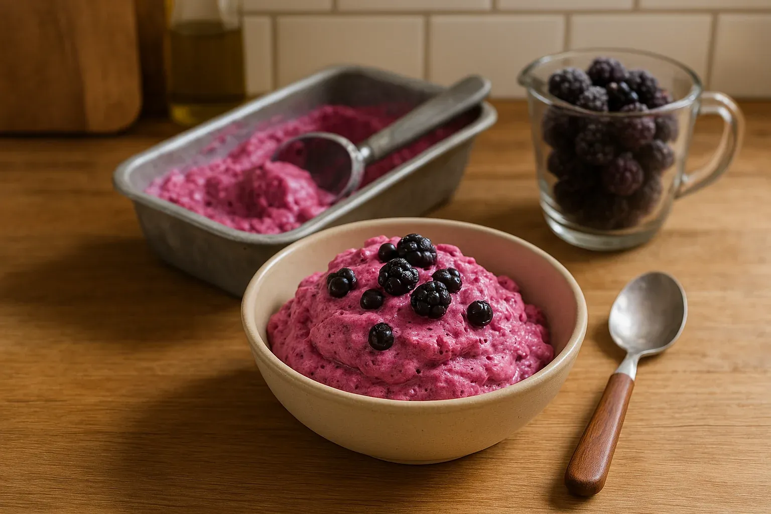 Berry mousse dessert in a bowl topped with blackberries, with more mousse in a tin and fresh blackberries in a glass jug nearby.