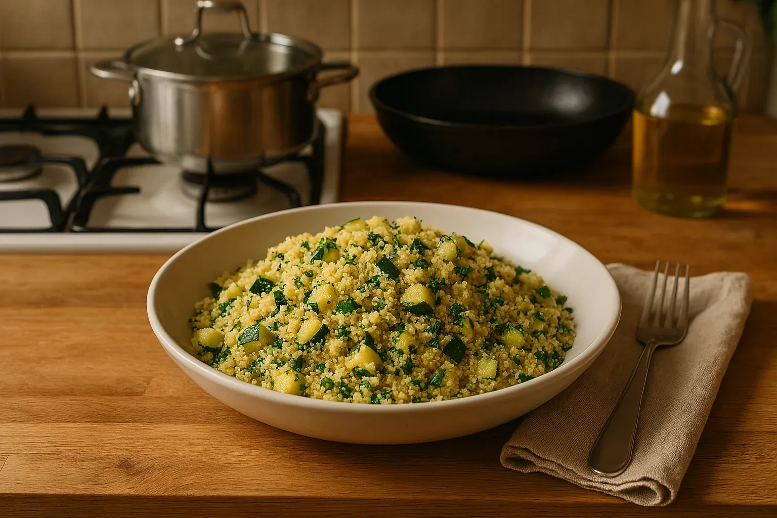 A bowl of freshly cooked couscous mixed with chopped zucchini and herbs, placed on a wooden kitchen counter with cooking utensils in the background.