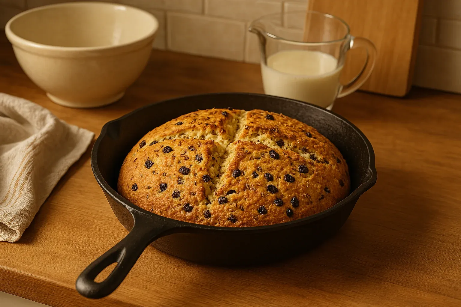 Golden-brown Irish soda bread with raisins in a cast iron skillet, with a bowl and a pitcher of milk on a wooden countertop.