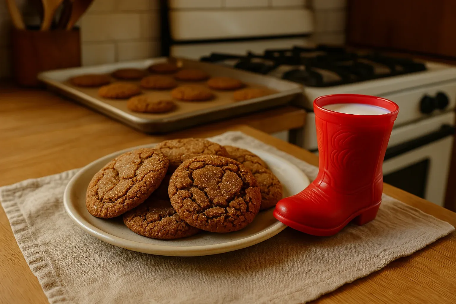 Freshly baked cookies on a plate next to a boot-shaped cup of milk in a cozy kitchen setting.