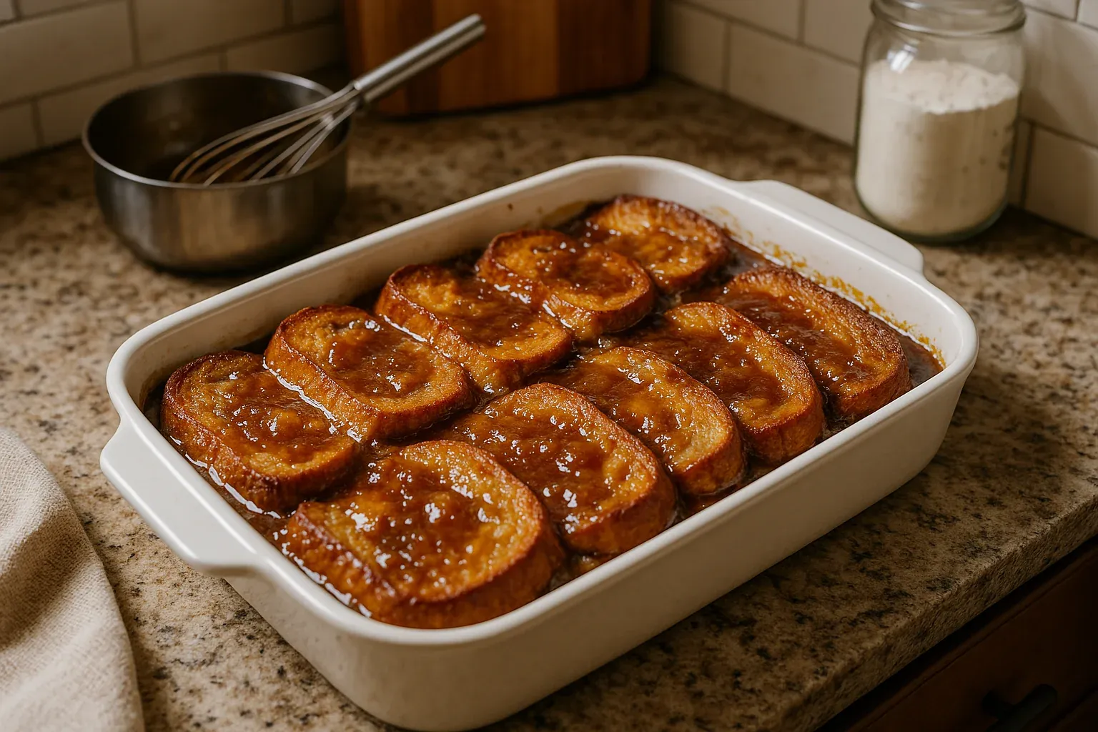 Baked caramel French toast slices in a white casserole dish on a kitchen counter.