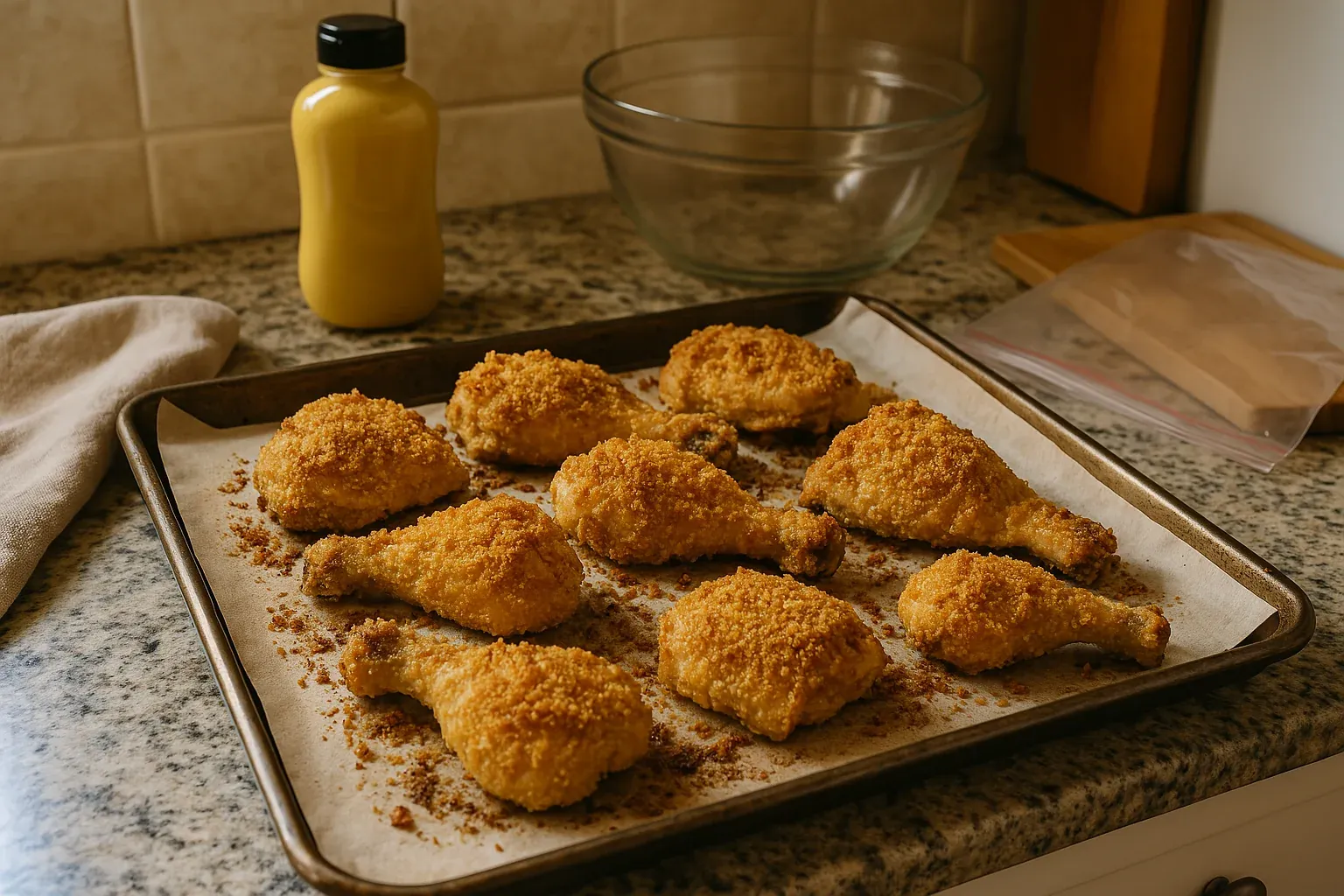Baked breaded chicken drumsticks on a parchment-lined baking sheet with a mustard bottle and glass bowl in the background.
