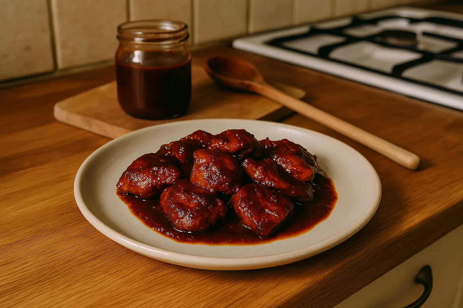 Plate of glazed barbecue meatballs on a wooden countertop with a jar of sauce and a wooden spoon in the background.