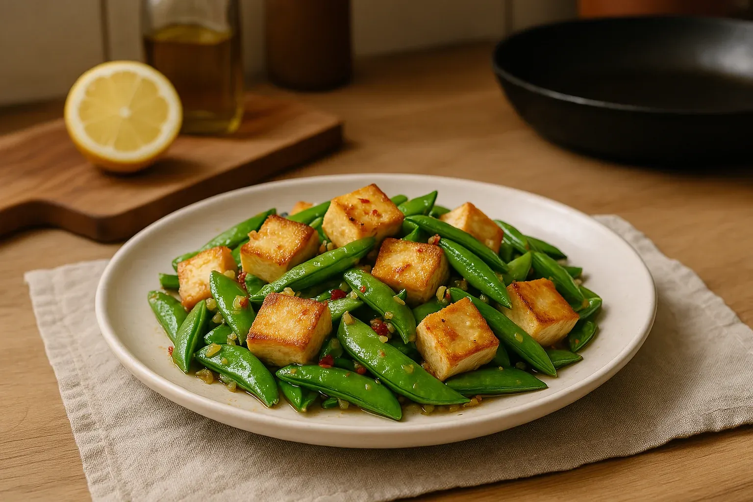 Crispy tofu cubes with sugar snap peas in a savory glaze, served on a white plate with lemon and olive oil in the background.