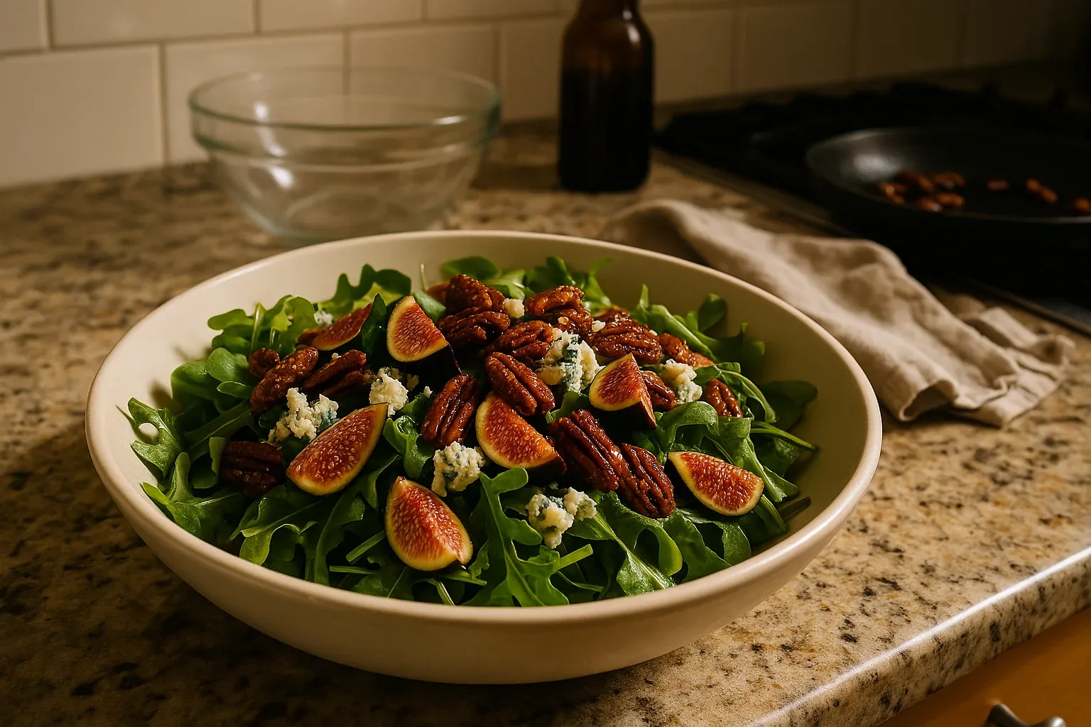 Arugula salad with fresh figs, candied pecans, and blue cheese crumbles in a white bowl on a granite countertop.