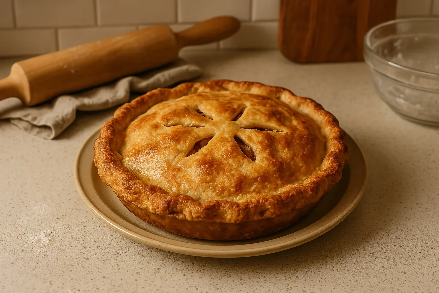 Golden-brown homemade apple pie with a flaky crust, cooling on a countertop next to a rolling pin and mixing bowl.