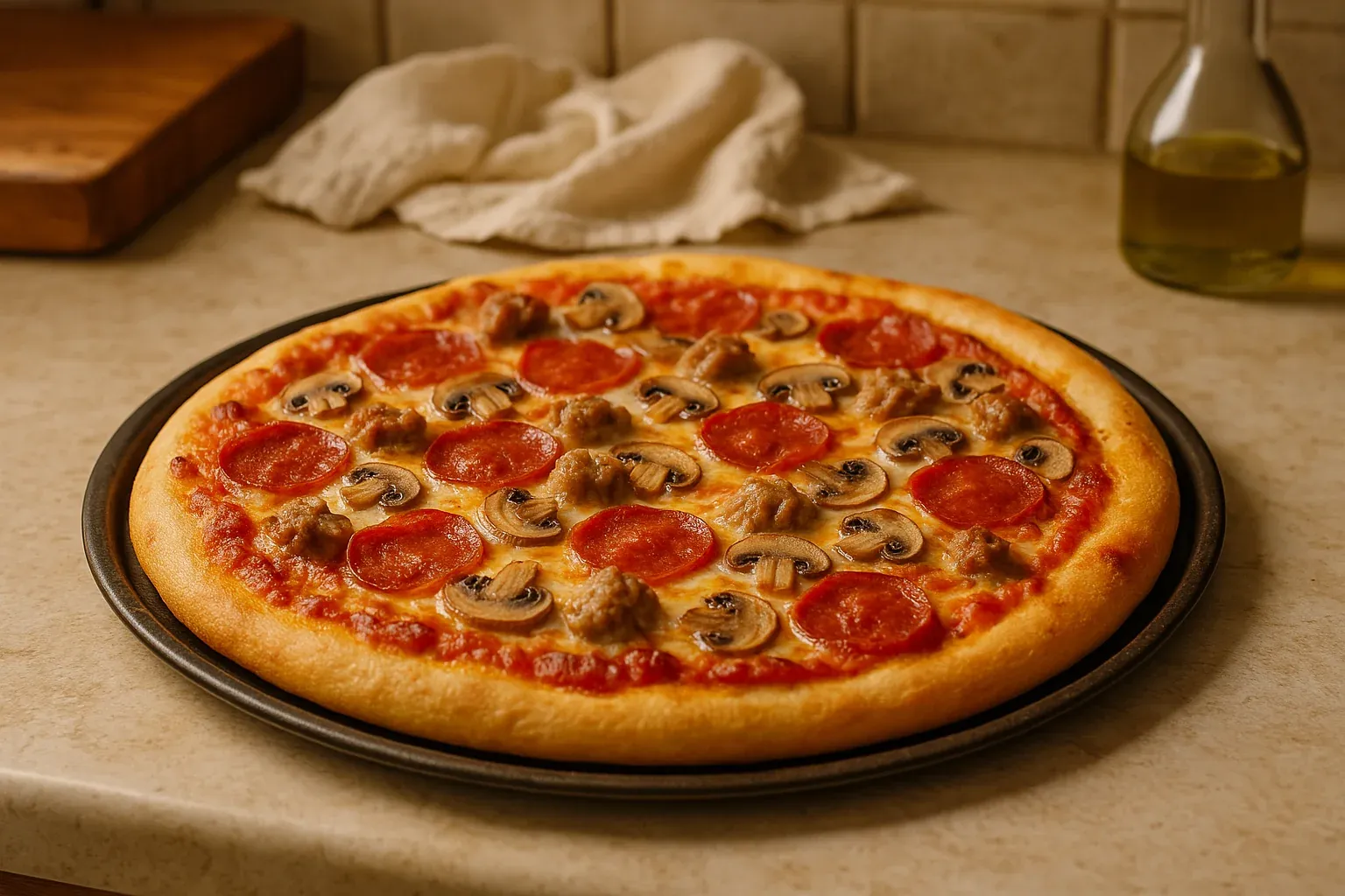 Homemade pizza topped with pepperoni, mushrooms, and sausage on a baking tray, with a kitchen towel and olive oil in the background.