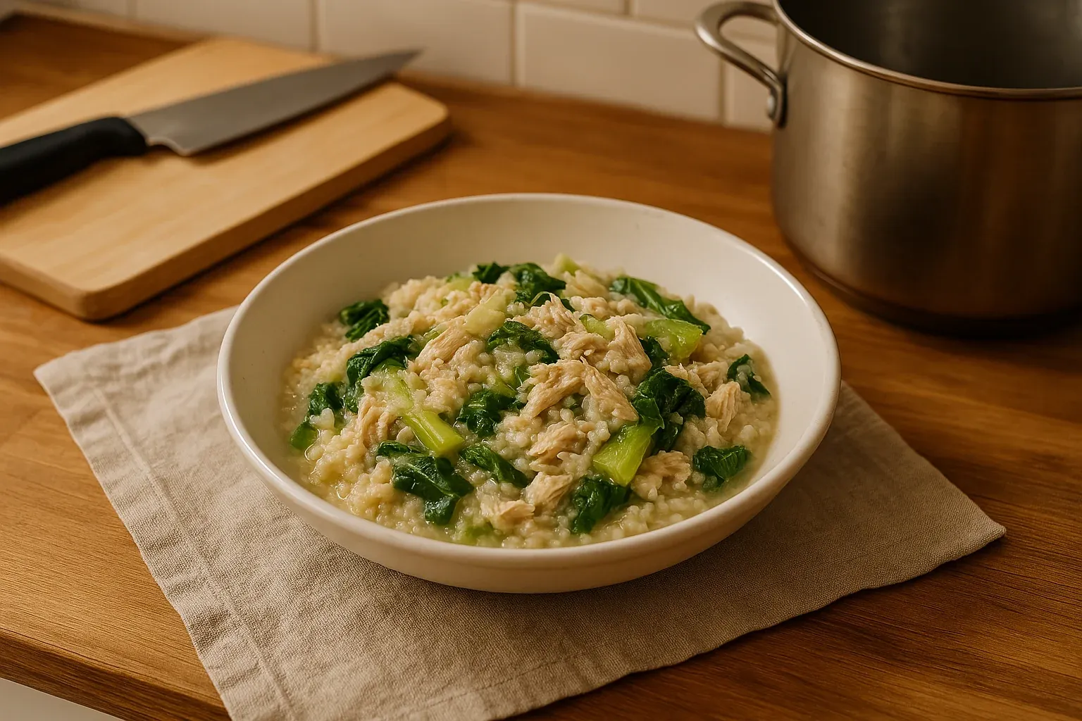 A bowl of chicken and vegetable congee on a wooden table with a cutting board and knife in the background.