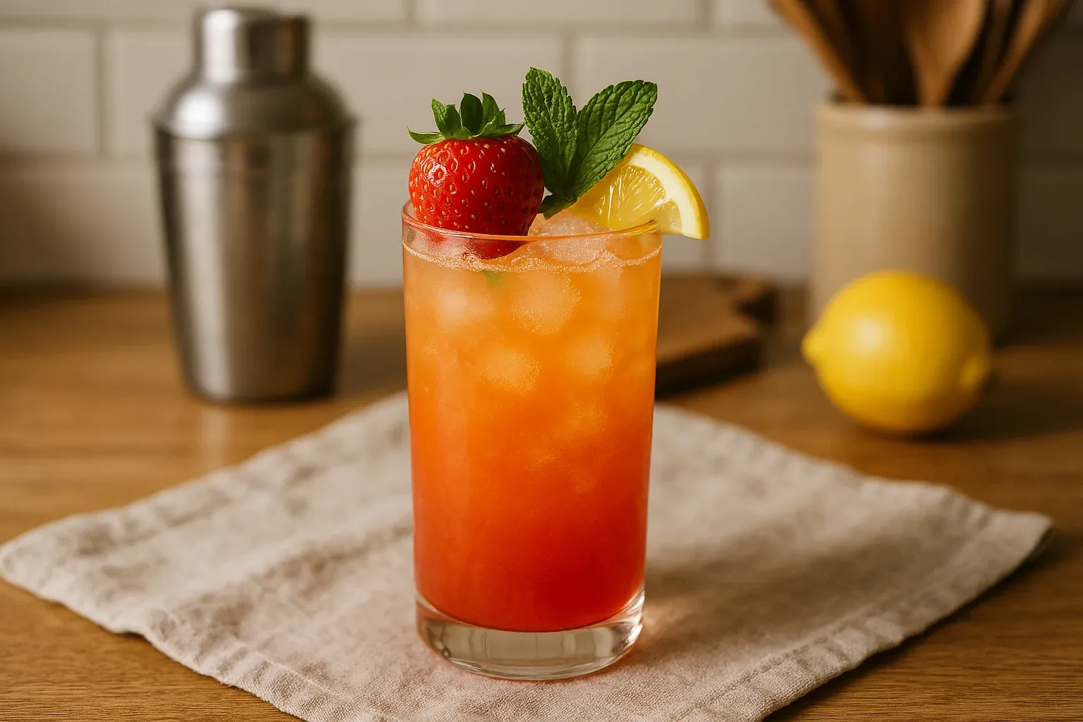 Strawberry lemonade cocktail garnished with a fresh strawberry, lemon slice, and mint, served in a tall glass with ice.
