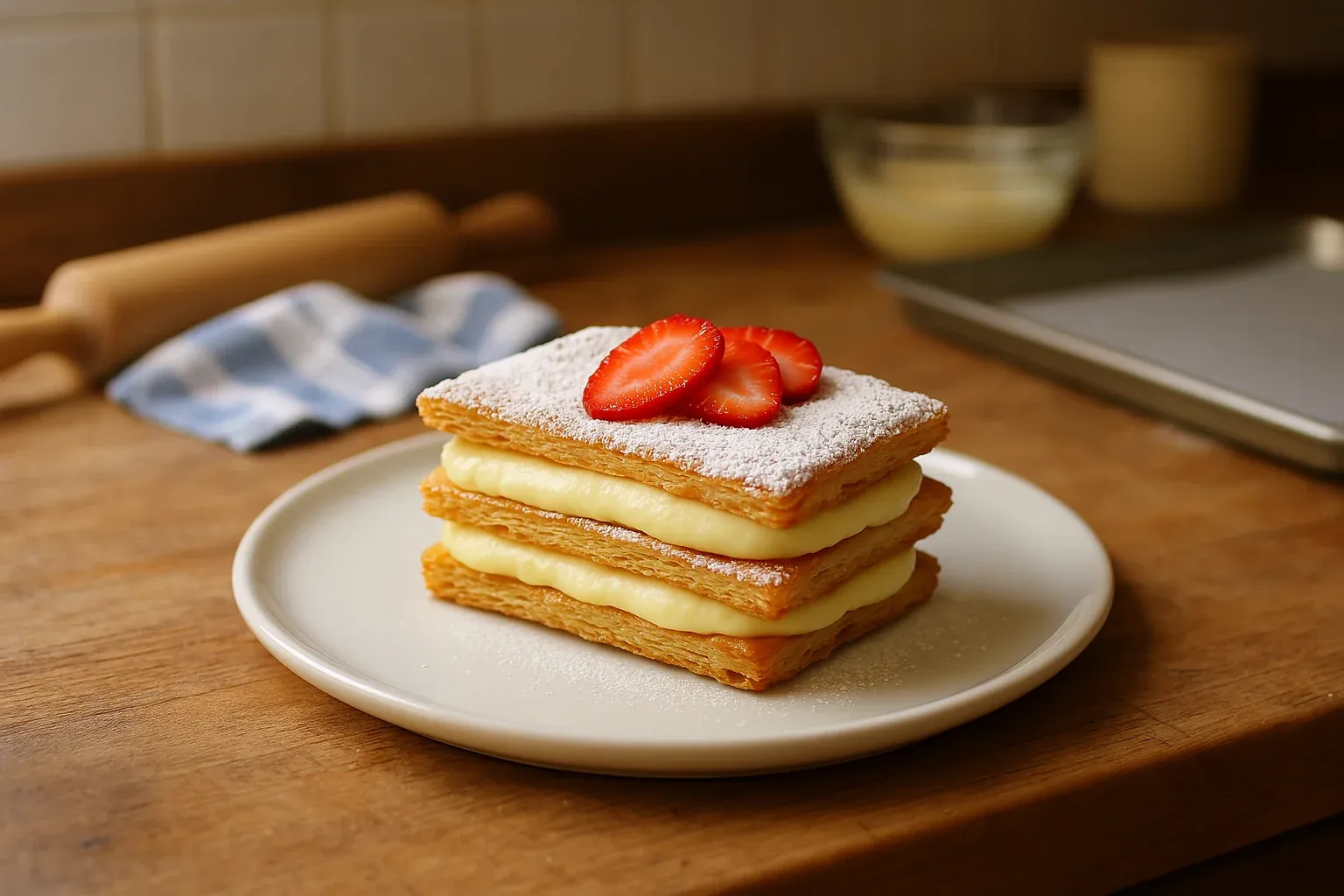 Delicate puff pastry layers filled with creamy custard, topped with fresh strawberry slices and powdered sugar on a white plate.